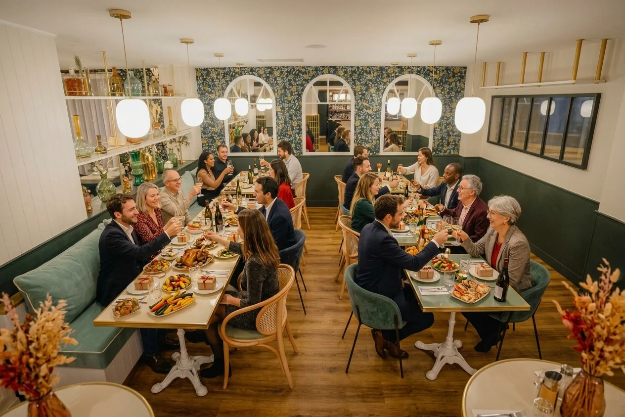 Repas de groupe convivial dans la salle du restaurant du Bistro Yonnais à La Roche-sur-Yon.