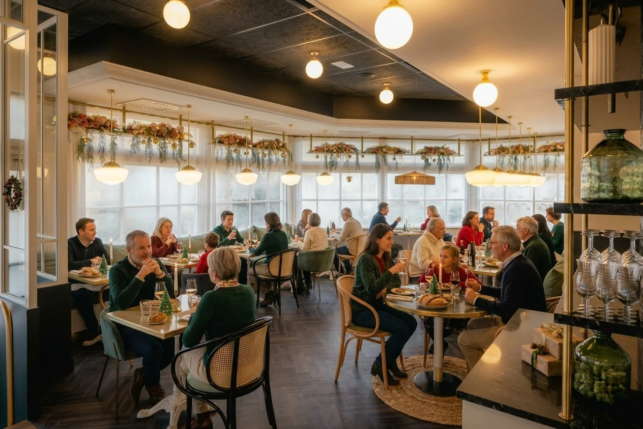 Repas de Noël en famille dans la salle du restaurant Bistro Yonnais.
